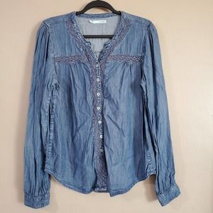 Maurices Womens Chambray Top Size L Pleated Long Sleeve Button Down Split Neck